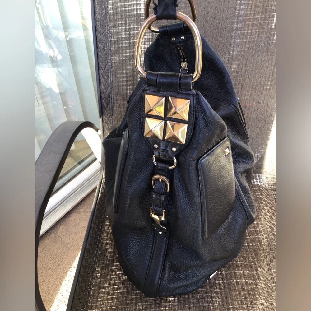 Ann Taylor Black Leather Studded Large Hobo Shoulder Bag
